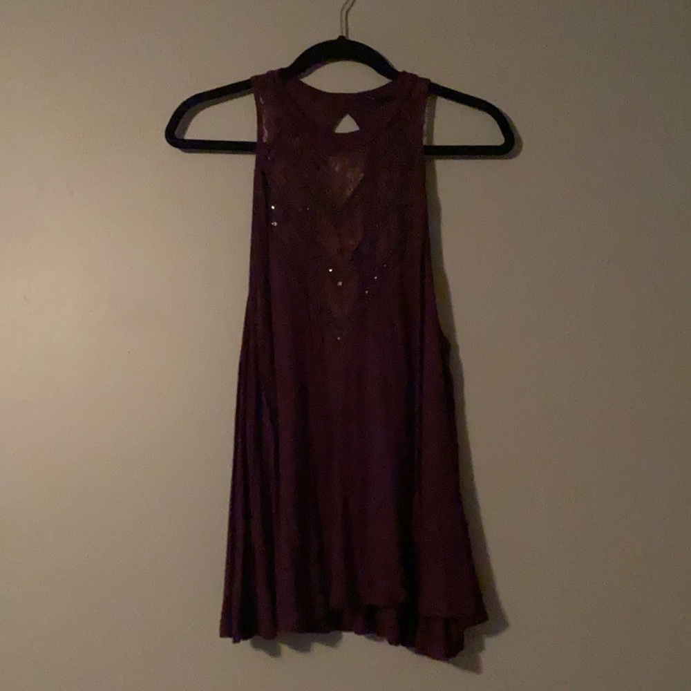 Large Purple Express Tank Top with sheer Lace front with beading and sequin